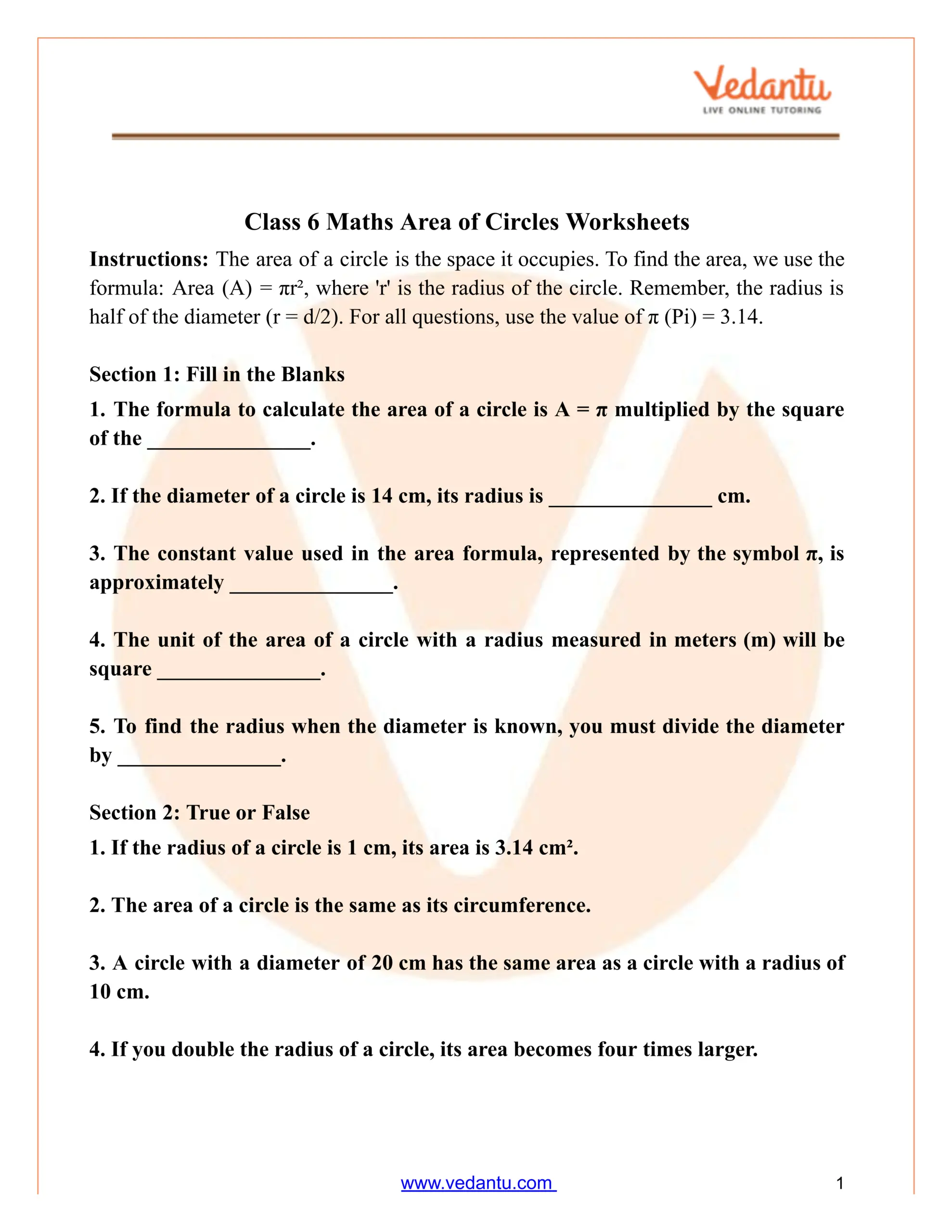 Area Of Circles Worksheet For Class 6 Maths PDF Practice
