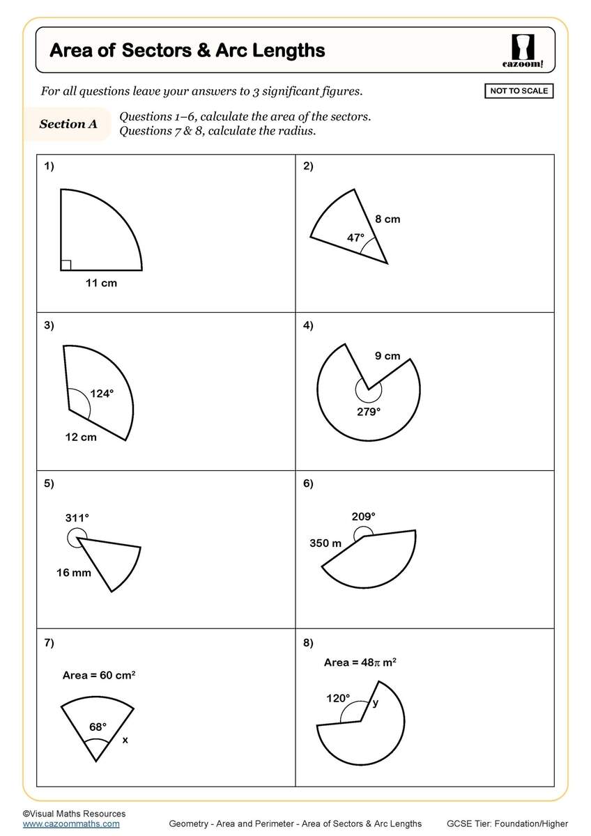 Area Of Sectors And Arc Lengths Worksheet Printable PDF Worksheets