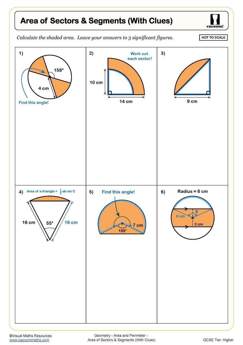 Area Of Sectors And Segments With Clues Worksheet Cazoom Maths Worksheets Area Of Shaded Regions Of Circles With Clues Worksheet Fun And Engaging Geometry PDF Worksheets Cazoom Math