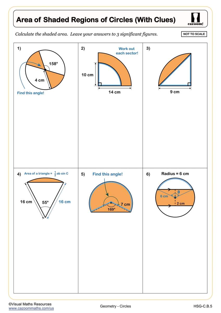 Area Of Shaded Regions Of Circles With Clues Worksheet Fun And Engaging Geometry PDF Worksheets Cazoom Math