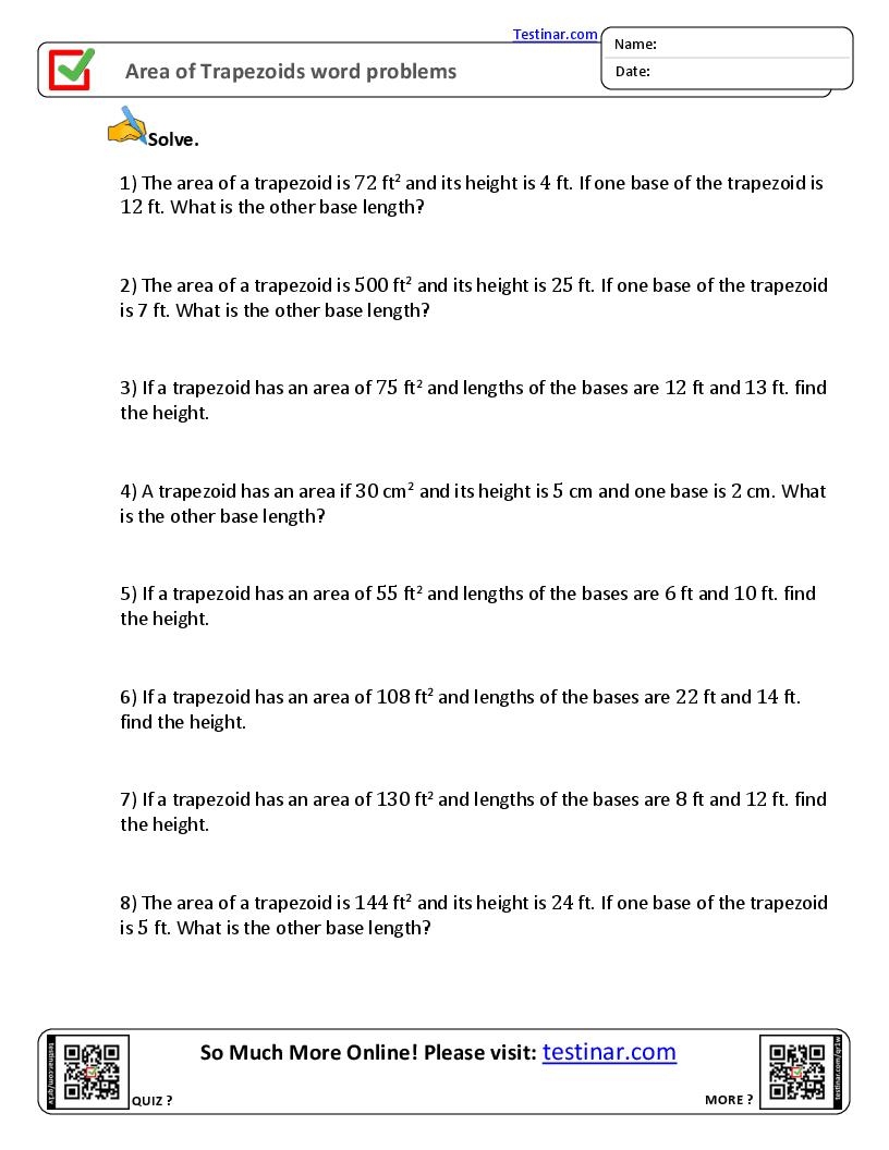 Area Of Trapezoids Word Problems So Much More Online Please Visit Testinar Area And Perimeter Of Trapezoids K12 Math Worksheets