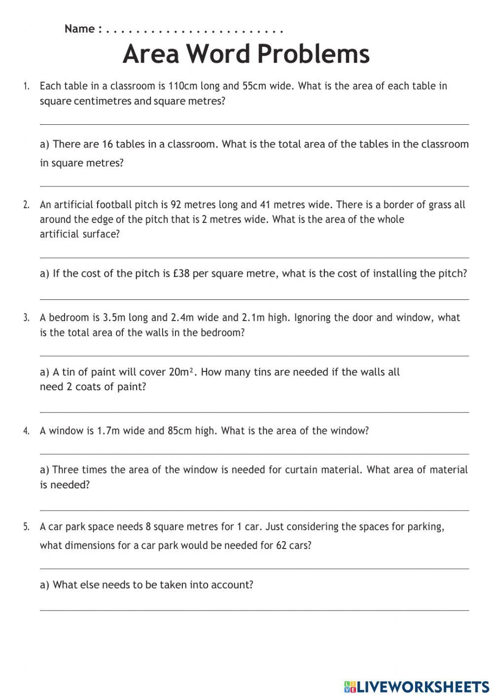 Area Word Problems Online Exercise For Worksheets Library Area Word Problems Online Exercise For Worksheets Library