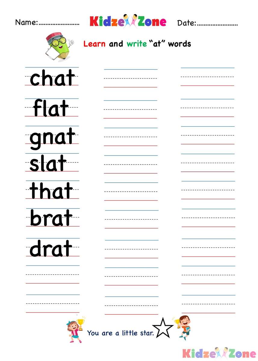 At Word Family Writing Worksheet KidzeZone