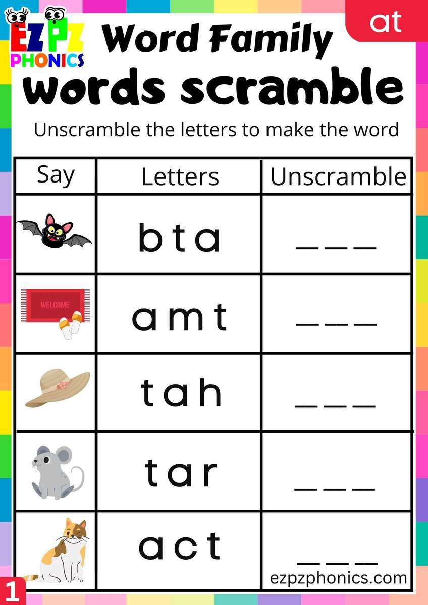 FREE Printable At Word Family Worksheets