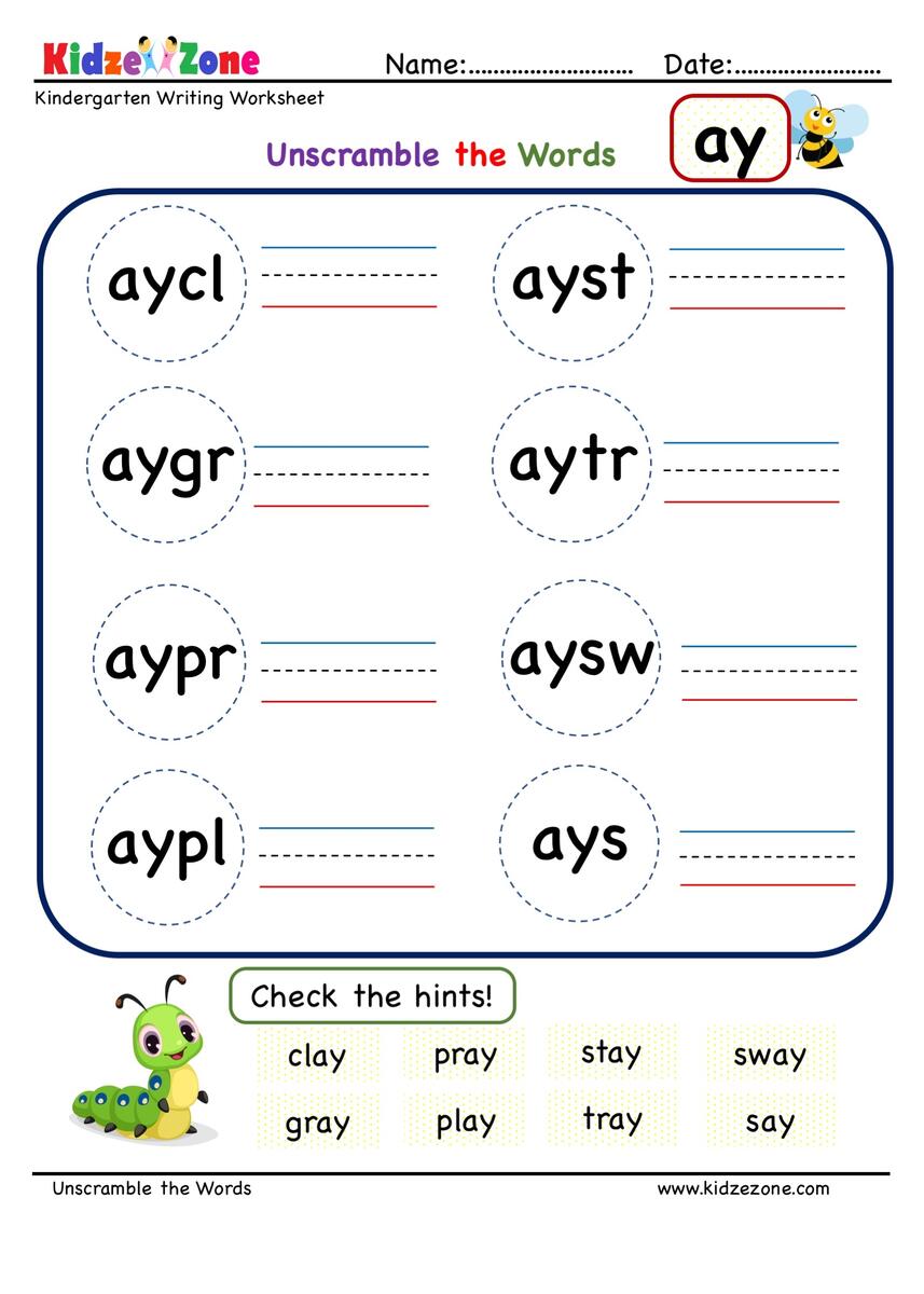 Ay Word Family Unscramble Worksheets KidzeZone Worksheets Library Ay Word Family Unscramble Worksheets KidzeZone Worksheets Library
