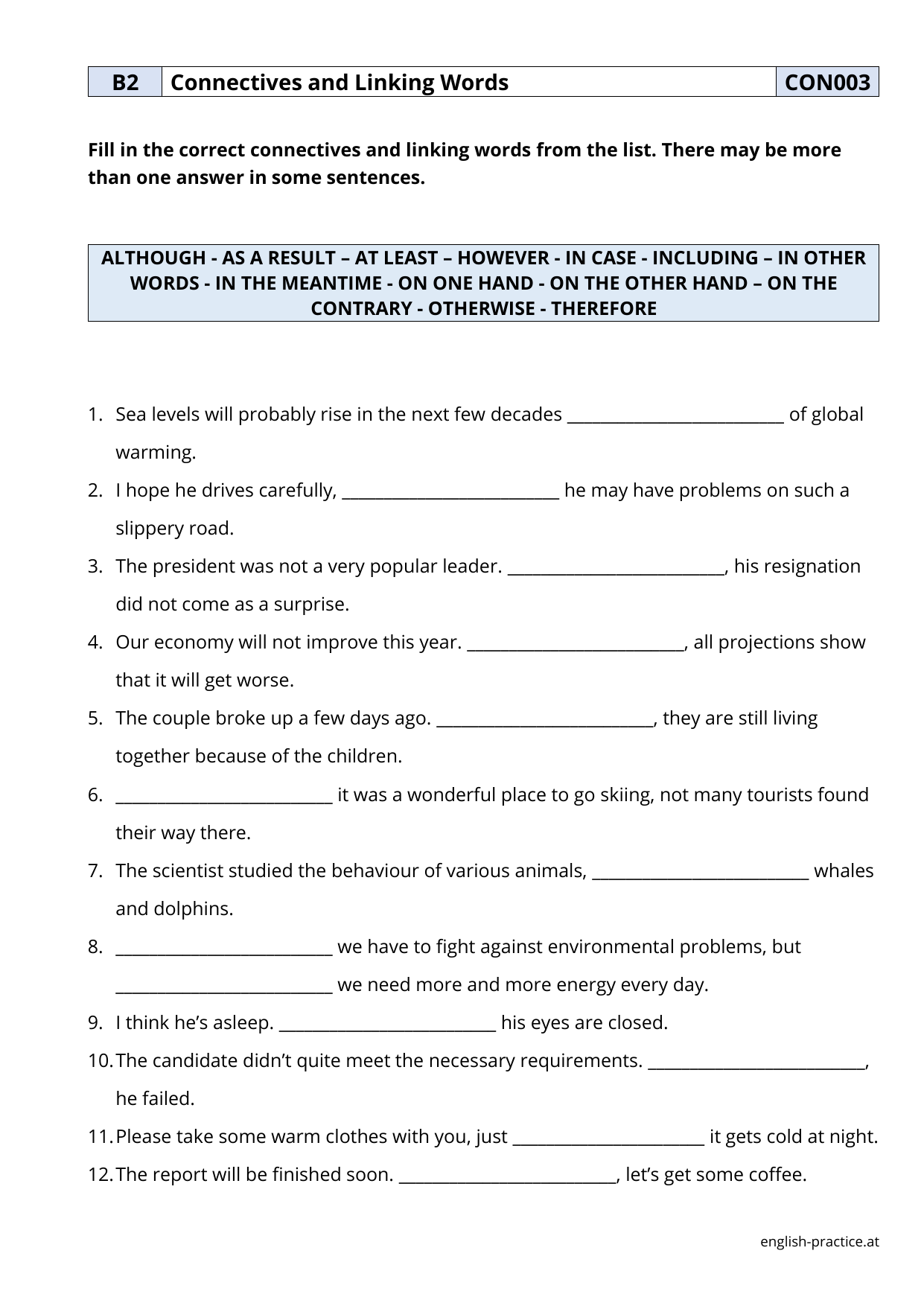 B2 English Connectives Linking Words Worksheet