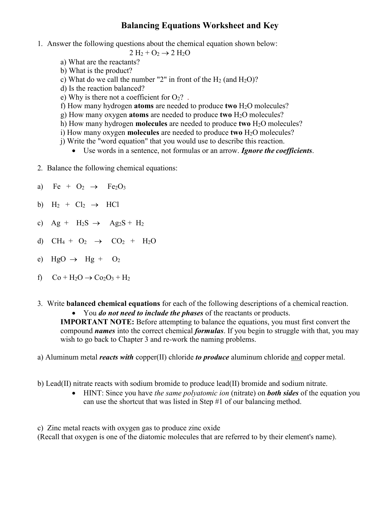 Balancing Chemical Equations Worksheet Key Balancing Chemical Equations Worksheet Key