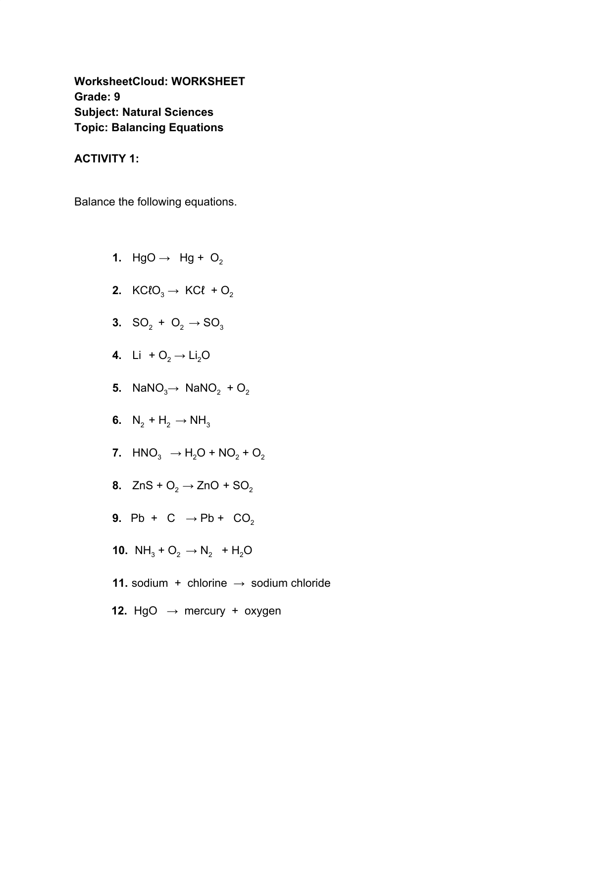 Balancing Chemical Equations Worksheet Balancing Chemical Equations Worksheet