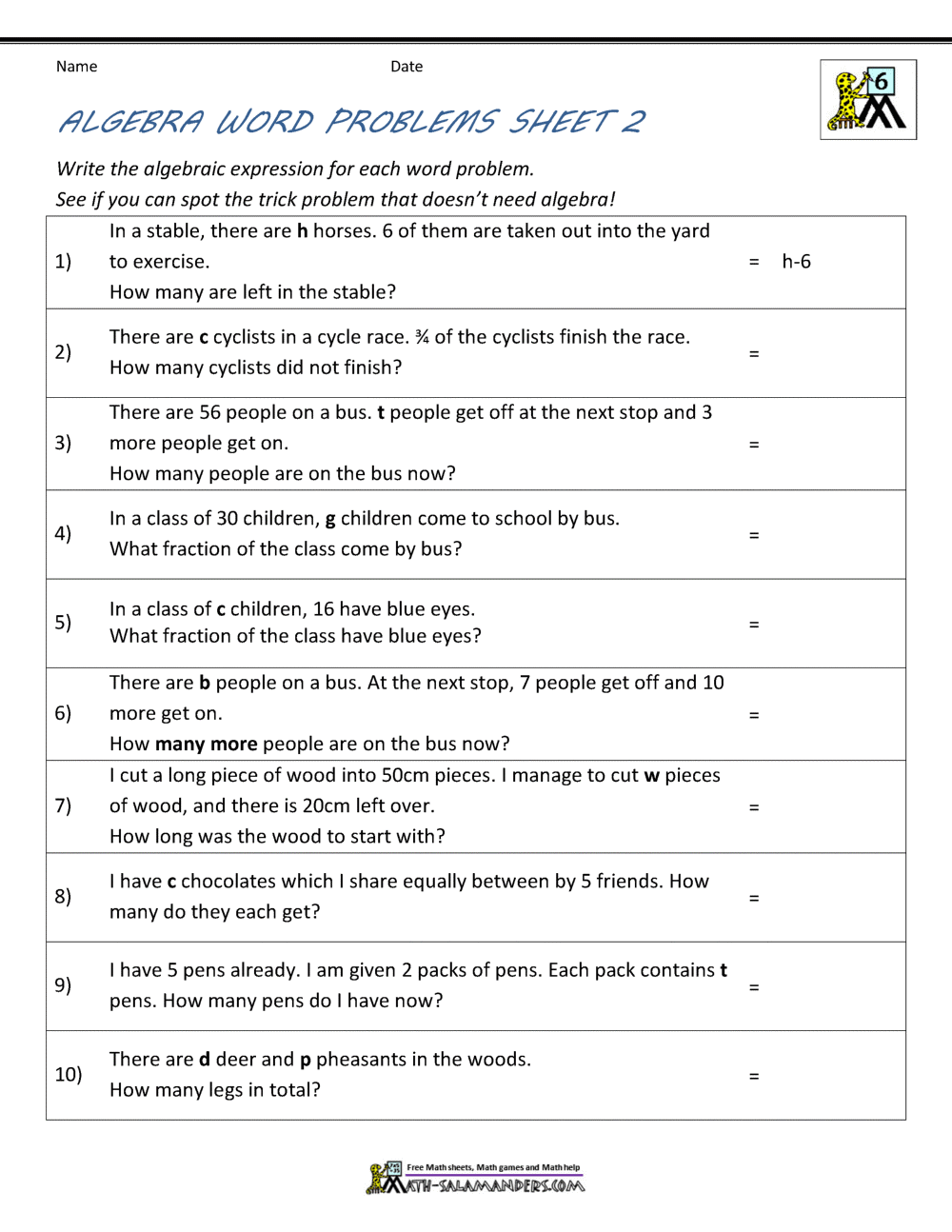 Basic Algebra Worksheets
