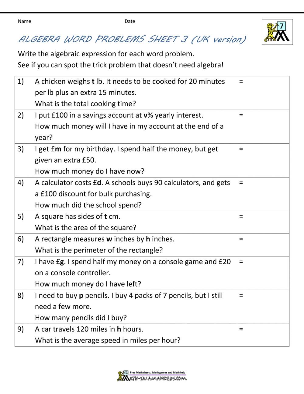 Basic Algebra Worksheets