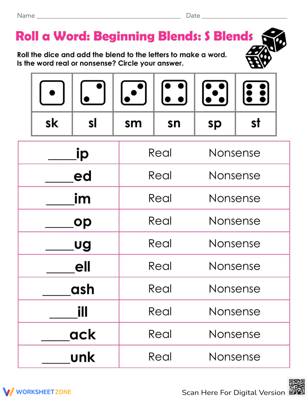 Beginning Blends Roll A Word S Worksheet Beginning Blends Roll A Word S Worksheet