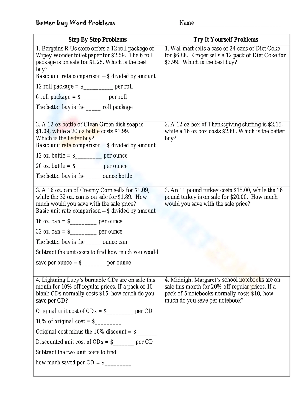Better Buy Word Problems Worksheet