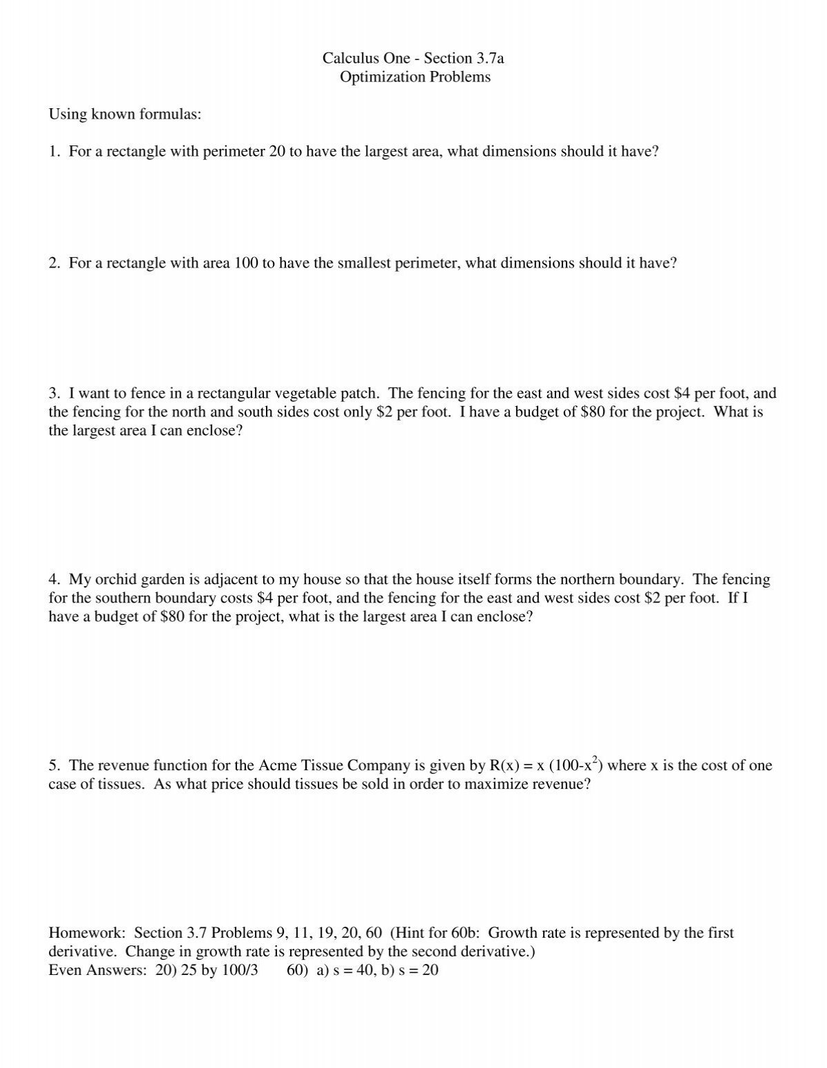 Calculus One Section 3 7a Optimization Problems Using Known Calculus One Section 3 7a Optimization Problems Using Known