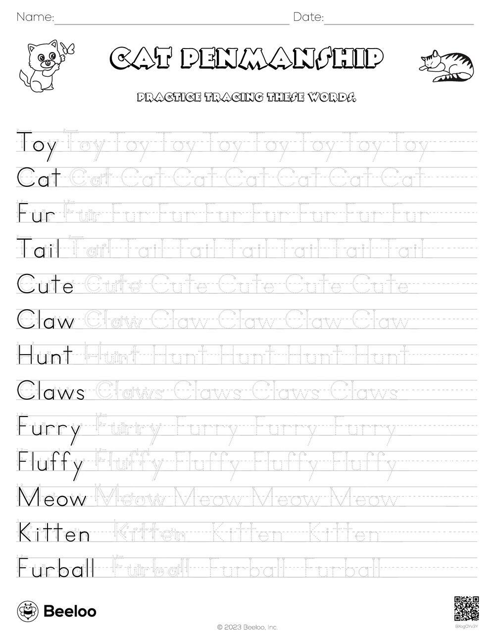 Cat Themed Word Tracing Worksheets Beeloo Printable Crafts And Activities For Kids