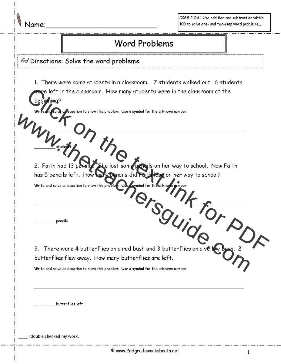 CCSS 2 OA 1 Worksheets Addition And Subtraction Word Problems Worksheets