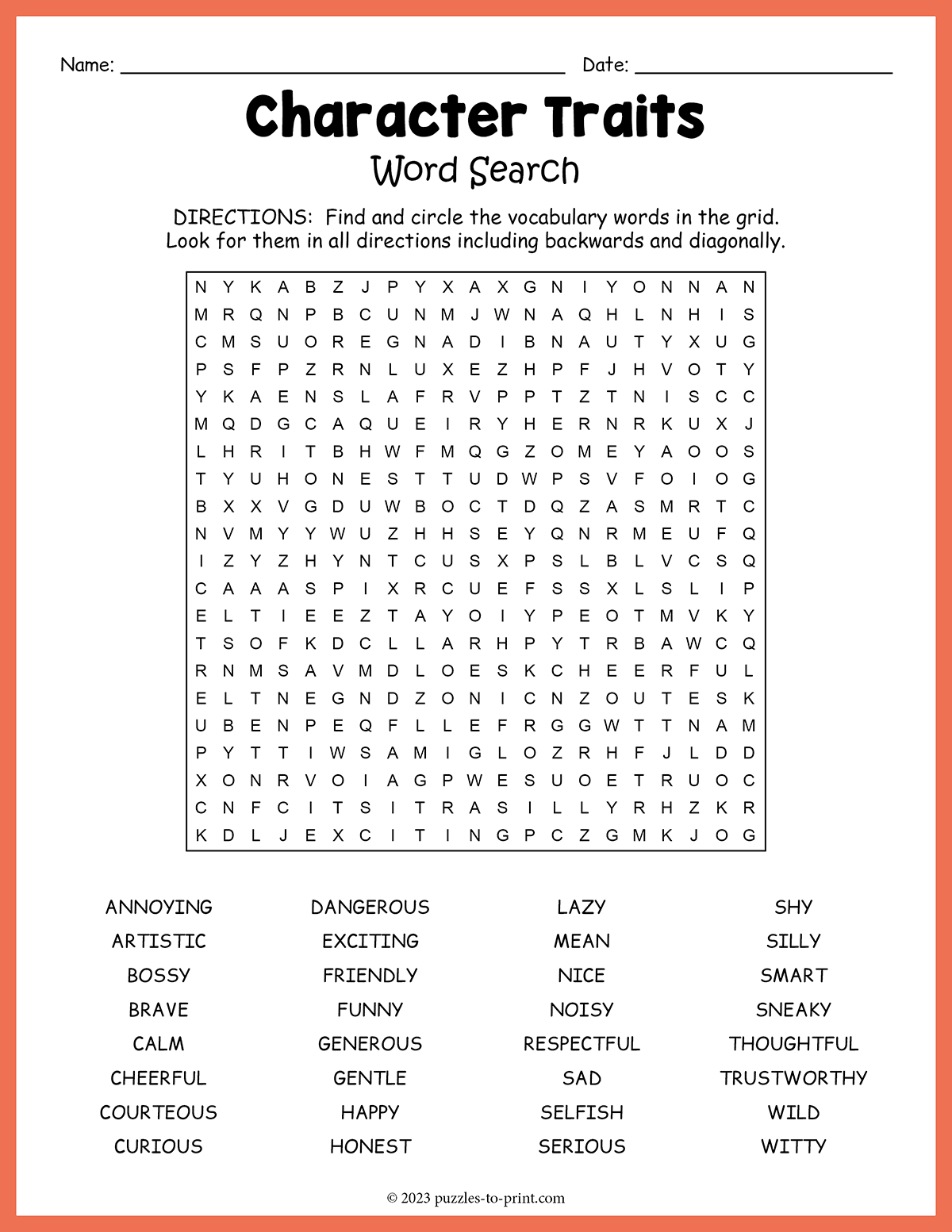 Printable Grade 1 Character Traits Worksheets