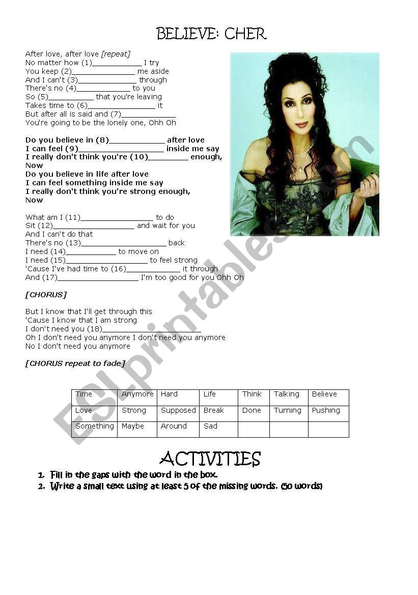 Cher Believe ESL Worksheet By Boteo