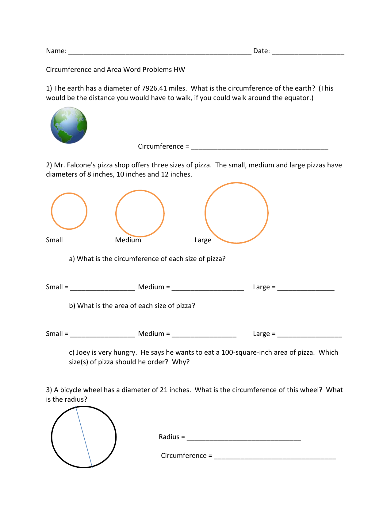 Circumference Area Word Problems Worksheet