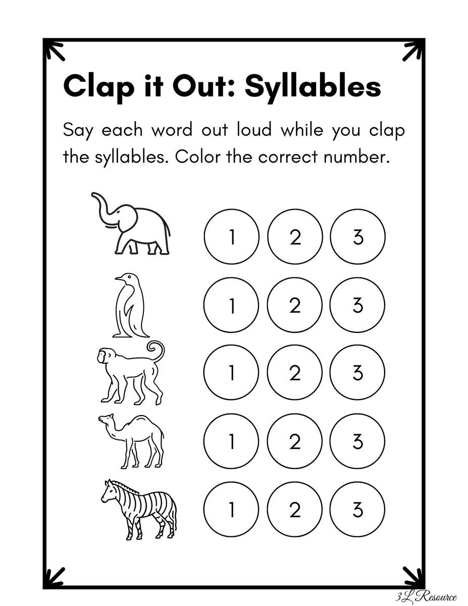 Clap It Out Syllables Worksheet Kindergarten Preschool Etsy Canada