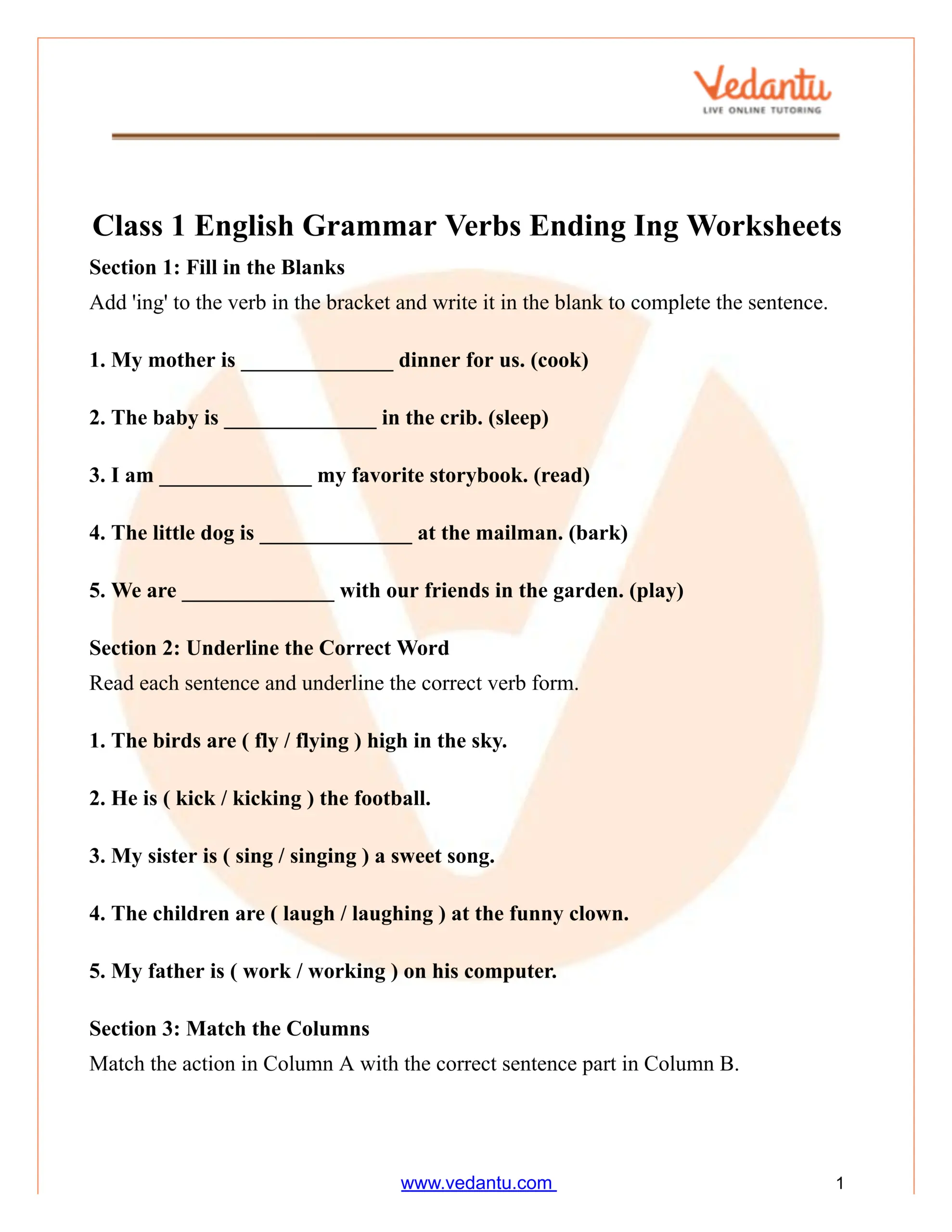 Class 1 English Grammar Verbs Ending In Ing Worksheet Class 1 English Grammar Verbs Ending In Ing Worksheet