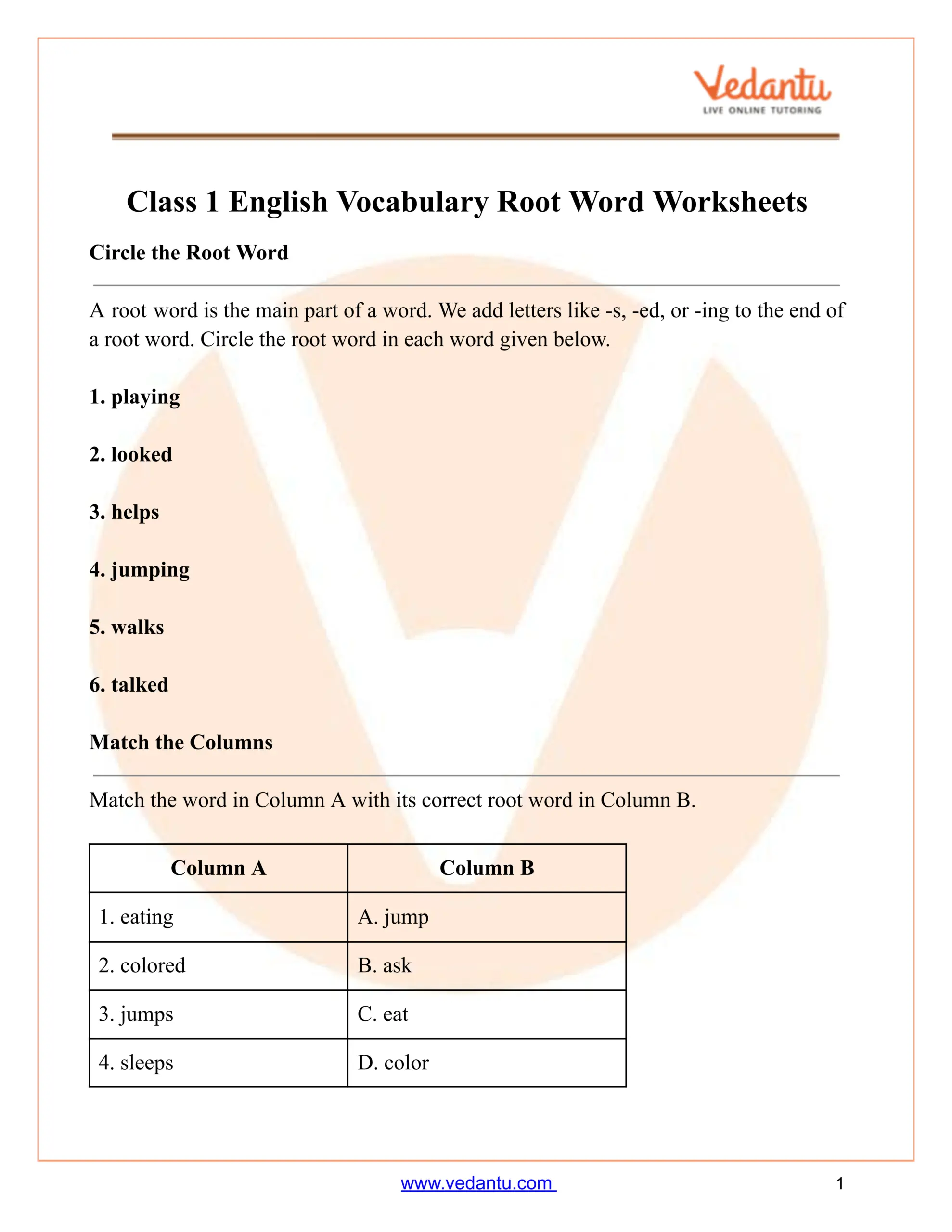 Class 1 Root Word Worksheet Vocabulary Building PDF