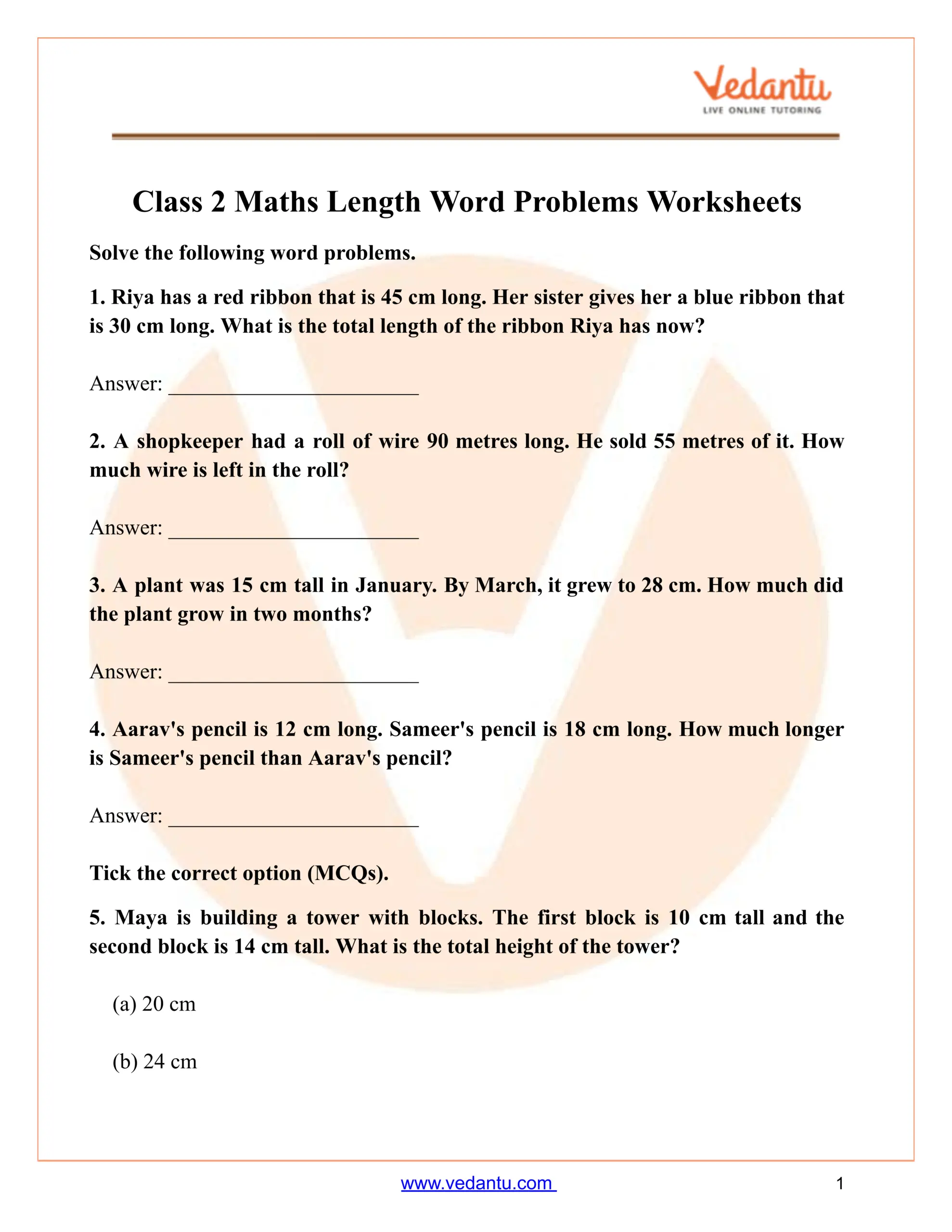 Class 2 Maths Length Word Problems Worksheet PDF Free 2nd Grade Adding Within 1 000 Measurement Worksheets For Free ArgoPrep