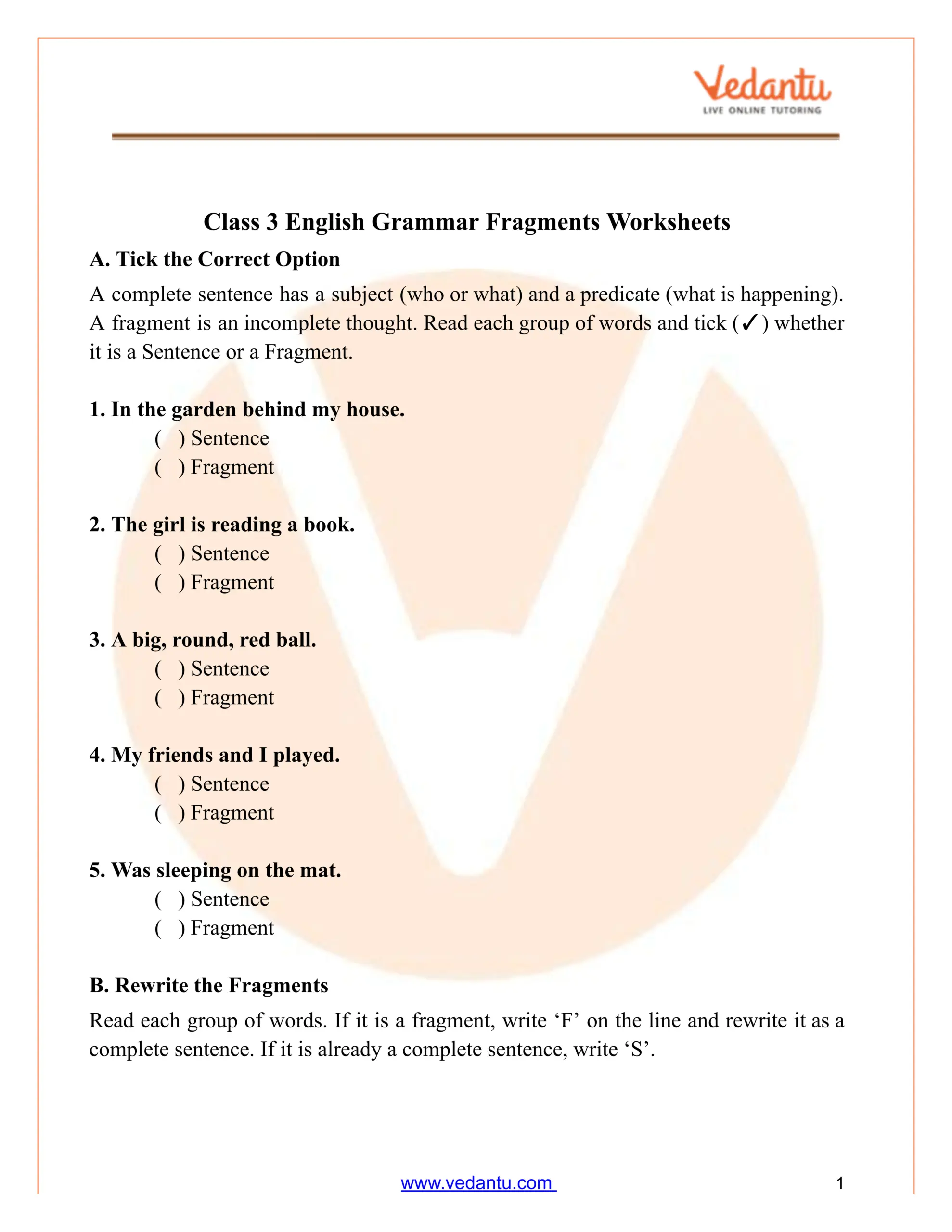 Class 3 English Grammar Fragments Worksheet PDF Free Practice Class 3 English Grammar Fragments Worksheet PDF Free Practice