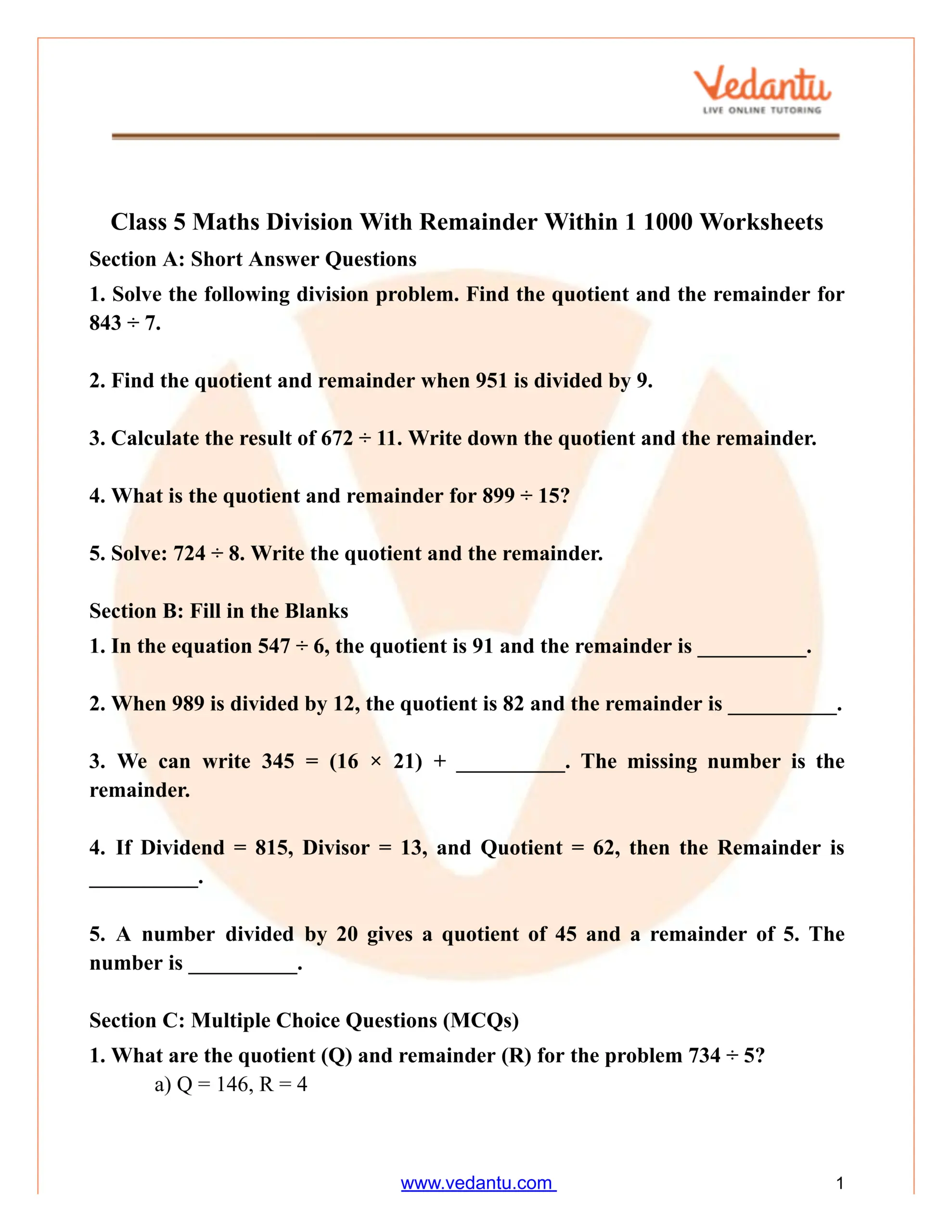 Class 5 Division With Remainder Worksheets PDF Practice Answers