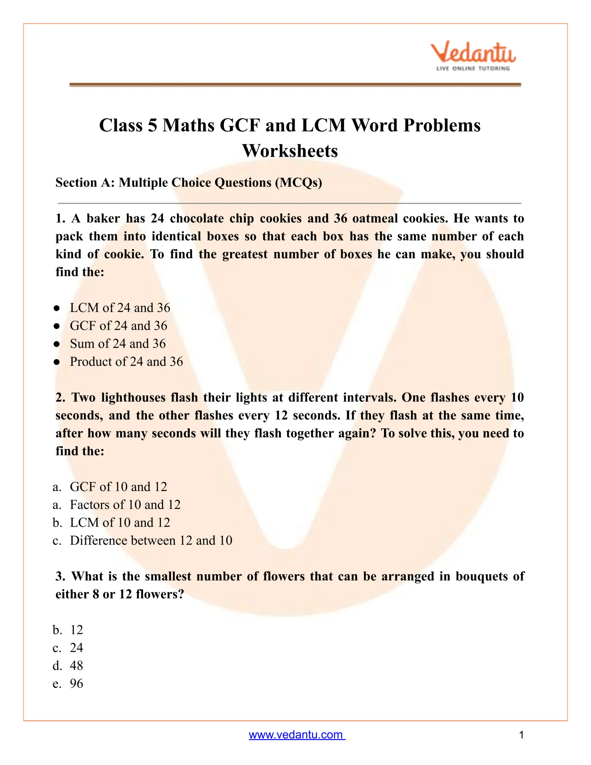 Class 5 Maths GCF LCM Word Problems Worksheet PDF