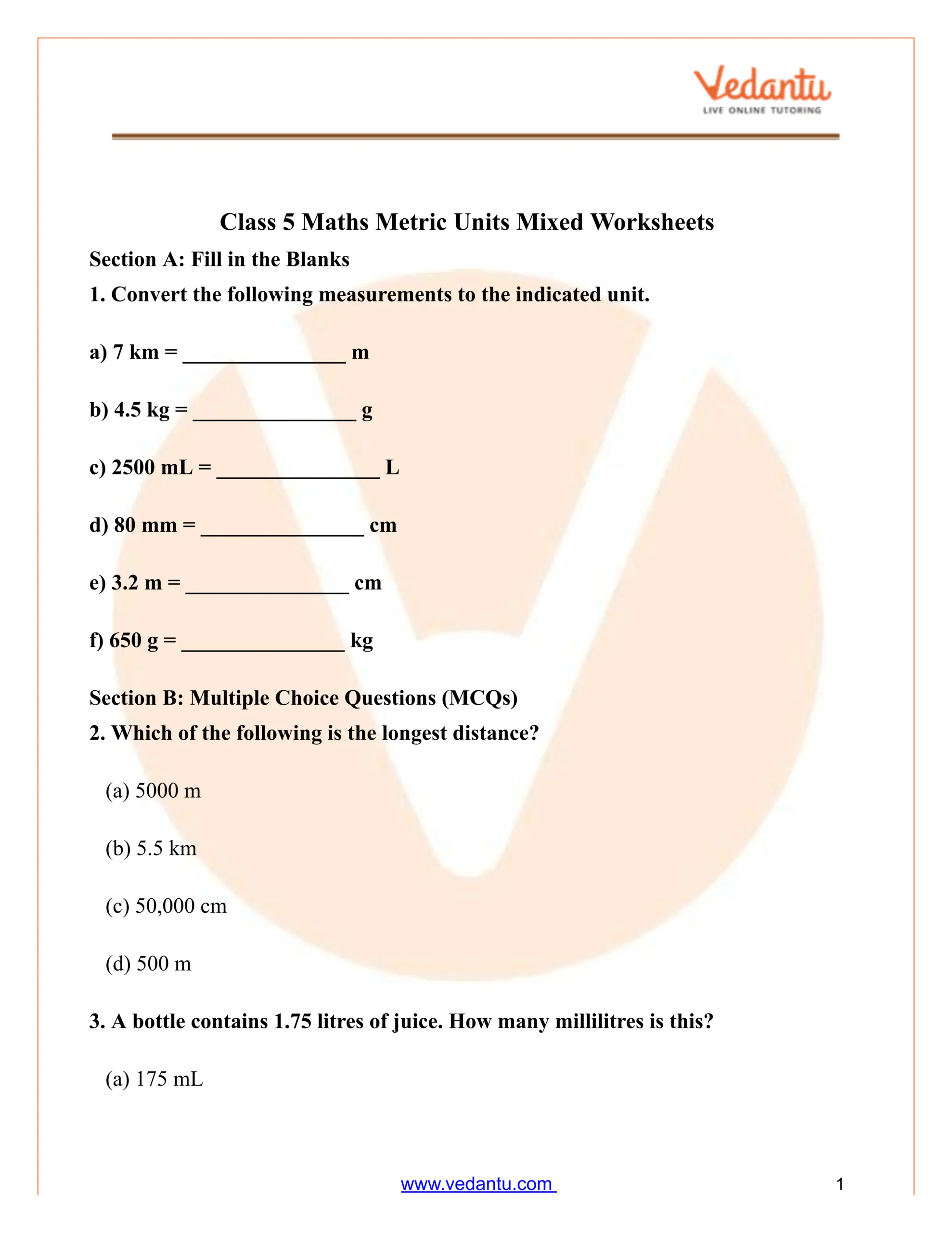 Class 5 Maths Metric Units Mixed Worksheet Free PDF Practice