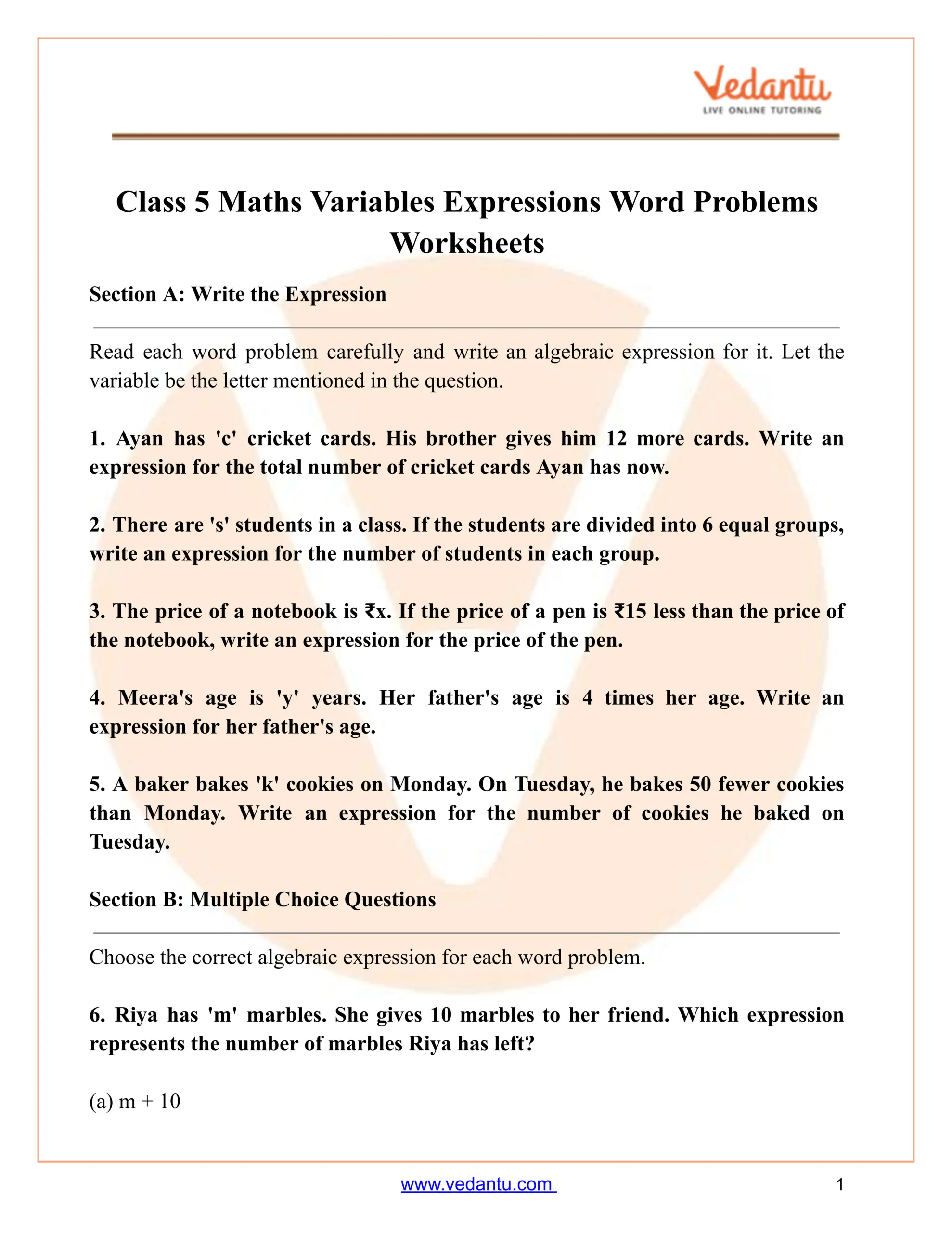 Class 5 Maths Variables Expressions Word Problems PDF