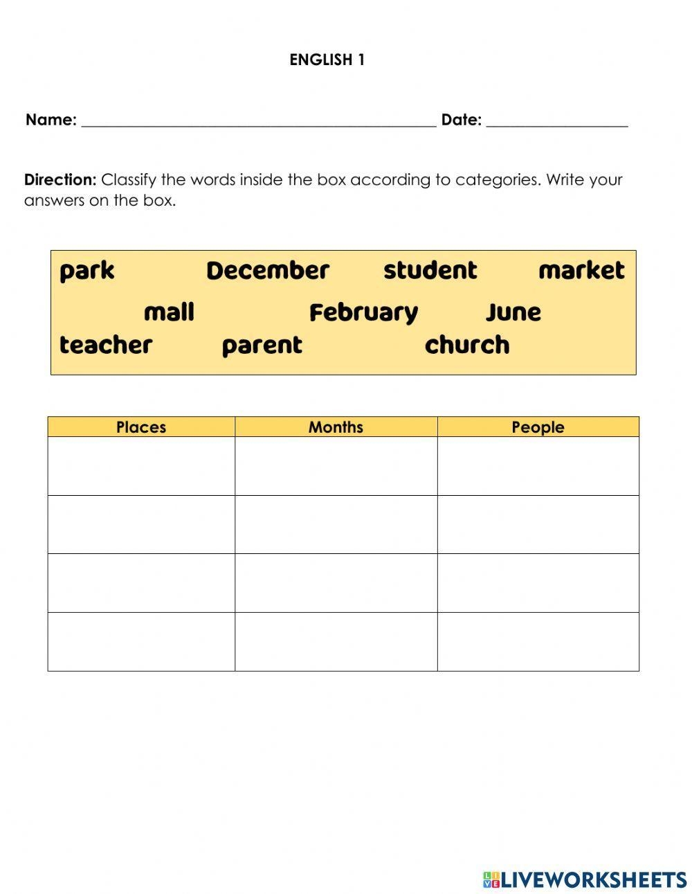 Classifying Words Exercise Worksheets Library