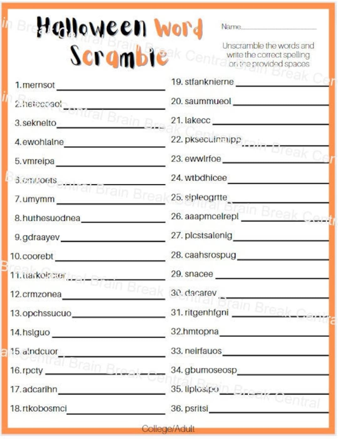 College Adult Halloween Word Scramble Worksheet With Answer Key Printable Etsy Norway Free Winter Word Scramble Printable With Answer Key Included
