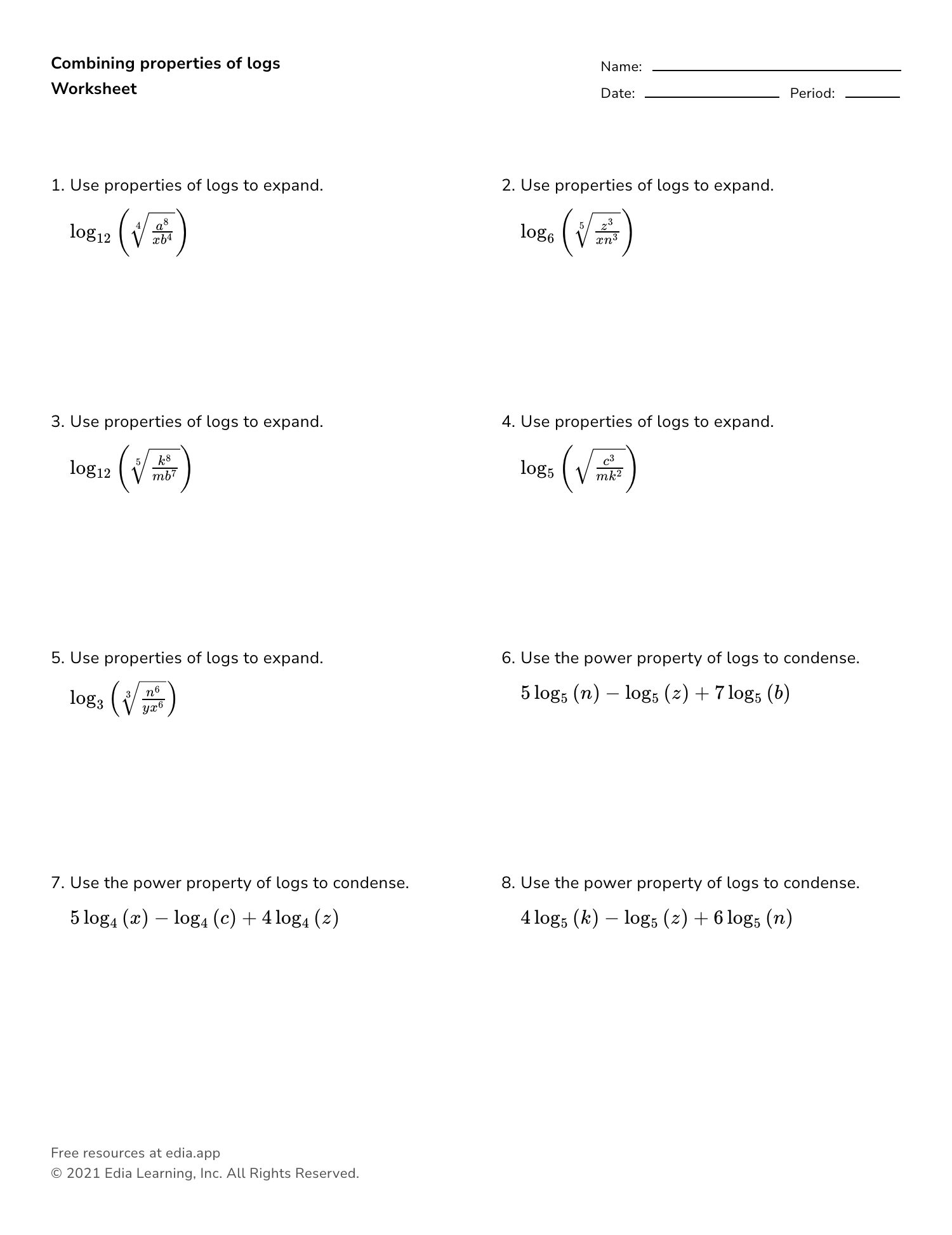 Combining Properties Of Logs Worksheet