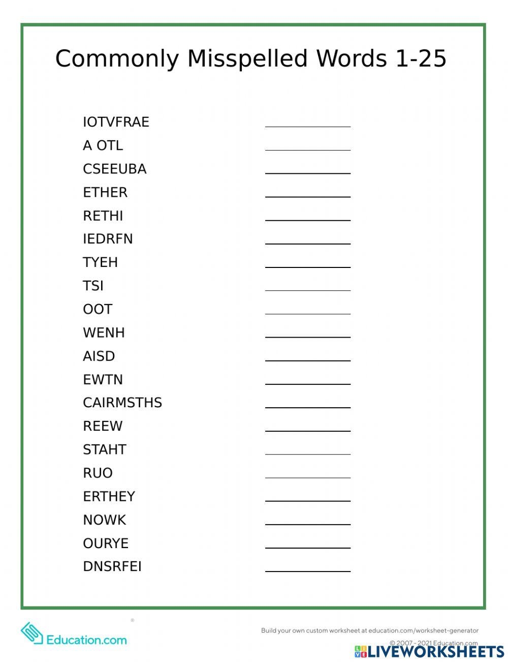 Commonly Misspelled Words 1 To 25 Online Exercise For Live Worksheets Library
