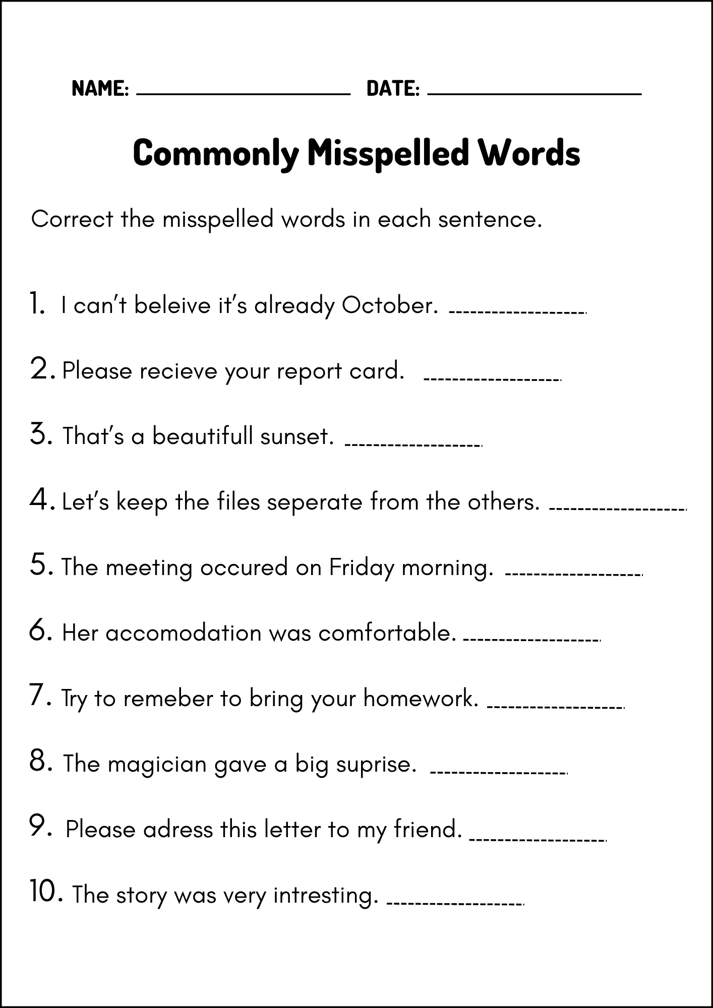 Commonly Misspelled Words Worksheets Spelling Correction Practice Teaching Resources