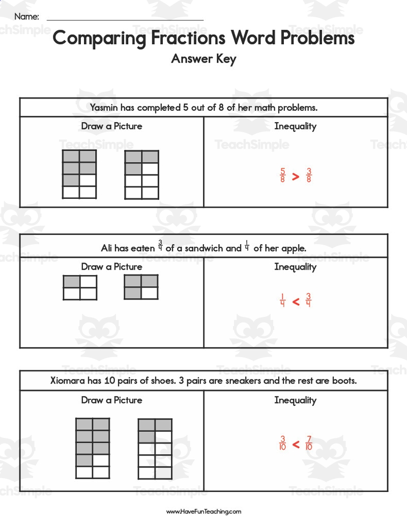 Comparing Fractions Word Problems Worksheet By Teach Simple