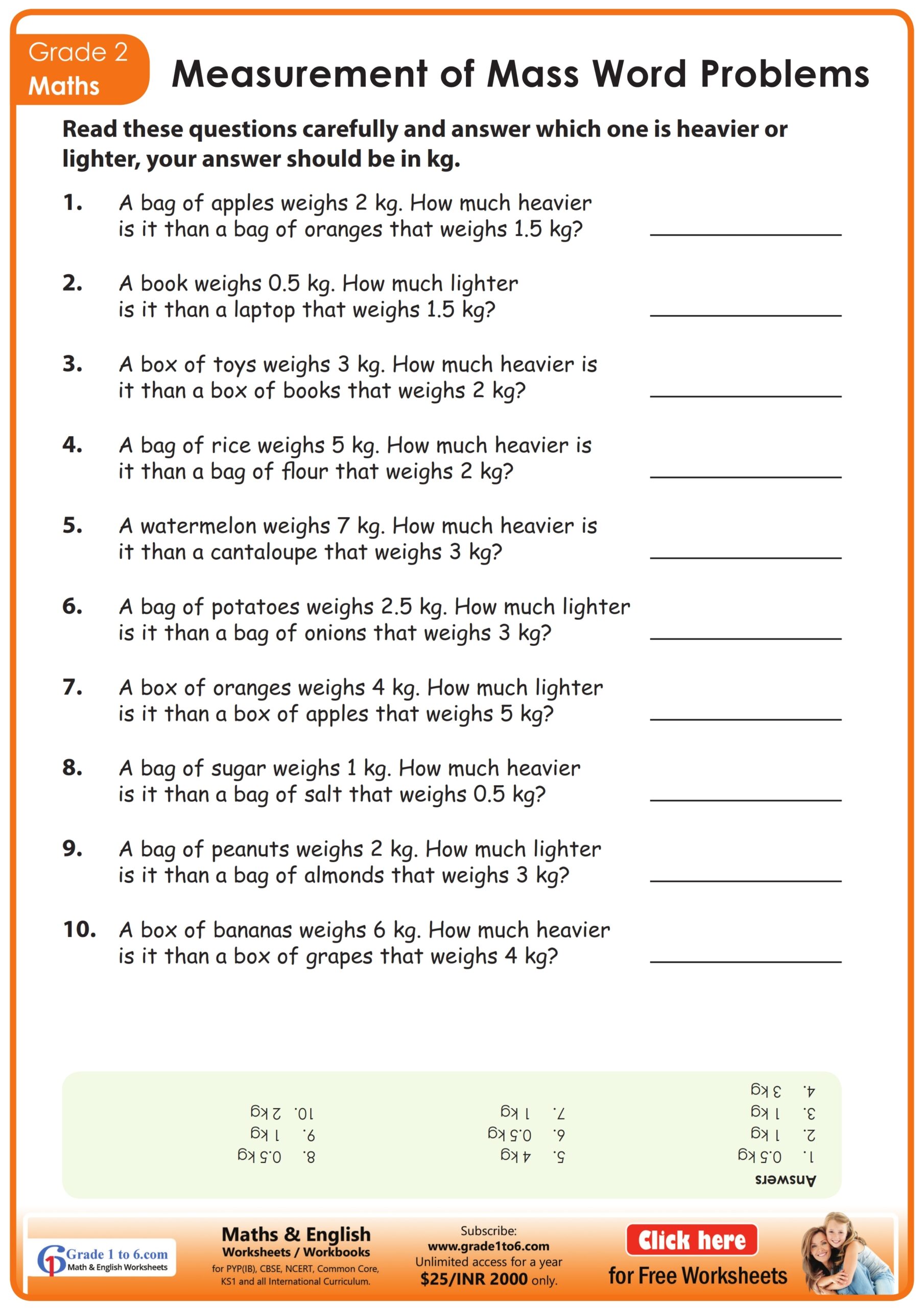 Comparing Mass Word Problems For Grade 2 PYP IB Grade1to6 Comparing Mass Word Problems For Grade 2 PYP IB Grade1to6