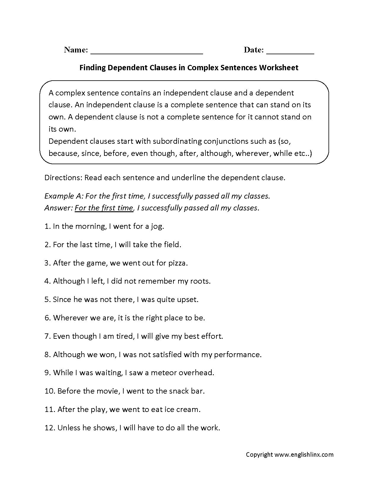 Complex Sentences Worksheets Finding Dependent Clauses Complex Sentences Worksheets