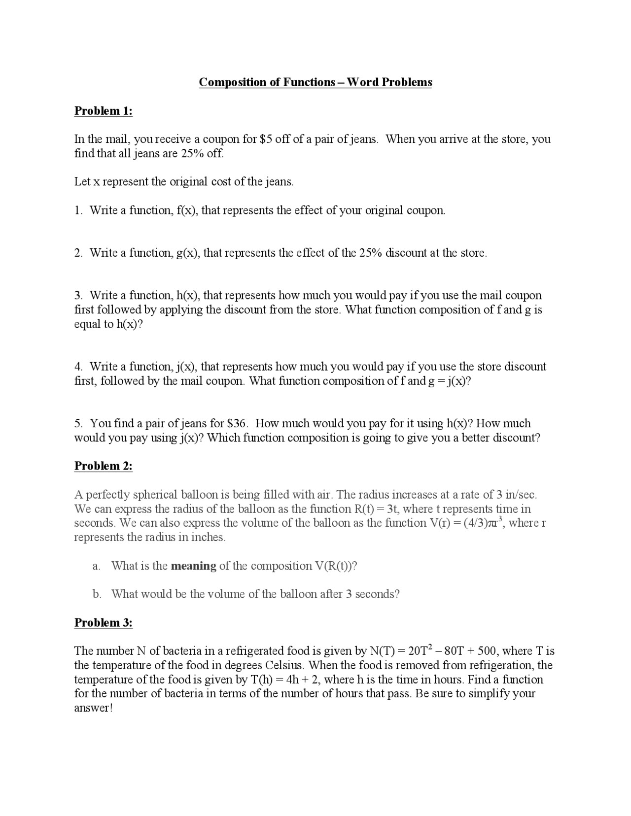 Function Word Problems Worksheet With Answers Pdf Fill Online Worksheets Library