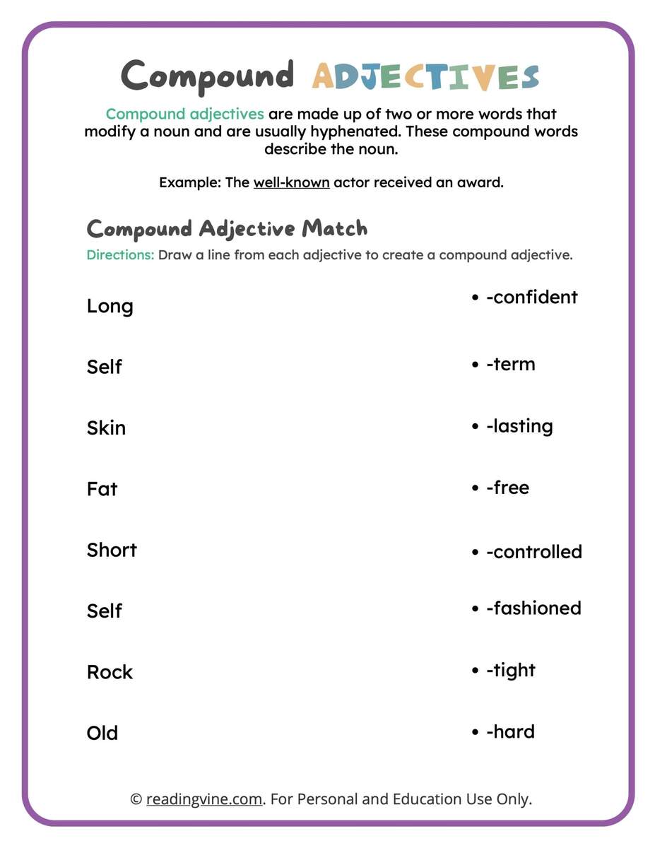 Compound Adjectives Matching Worksheet ReadingVine Compound Adjectives Matching Worksheet ReadingVine
