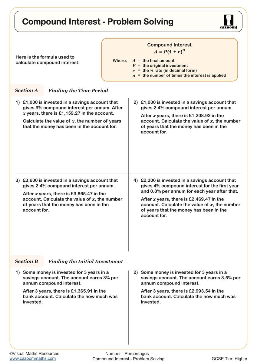 Compound Interest Problem Solving Worksheet Printable PDF Year 10 And Year 11 Number Worksheet Compound Interest Problem Solving Worksheet Printable PDF Year 10 And Year 11 Number Worksheet
