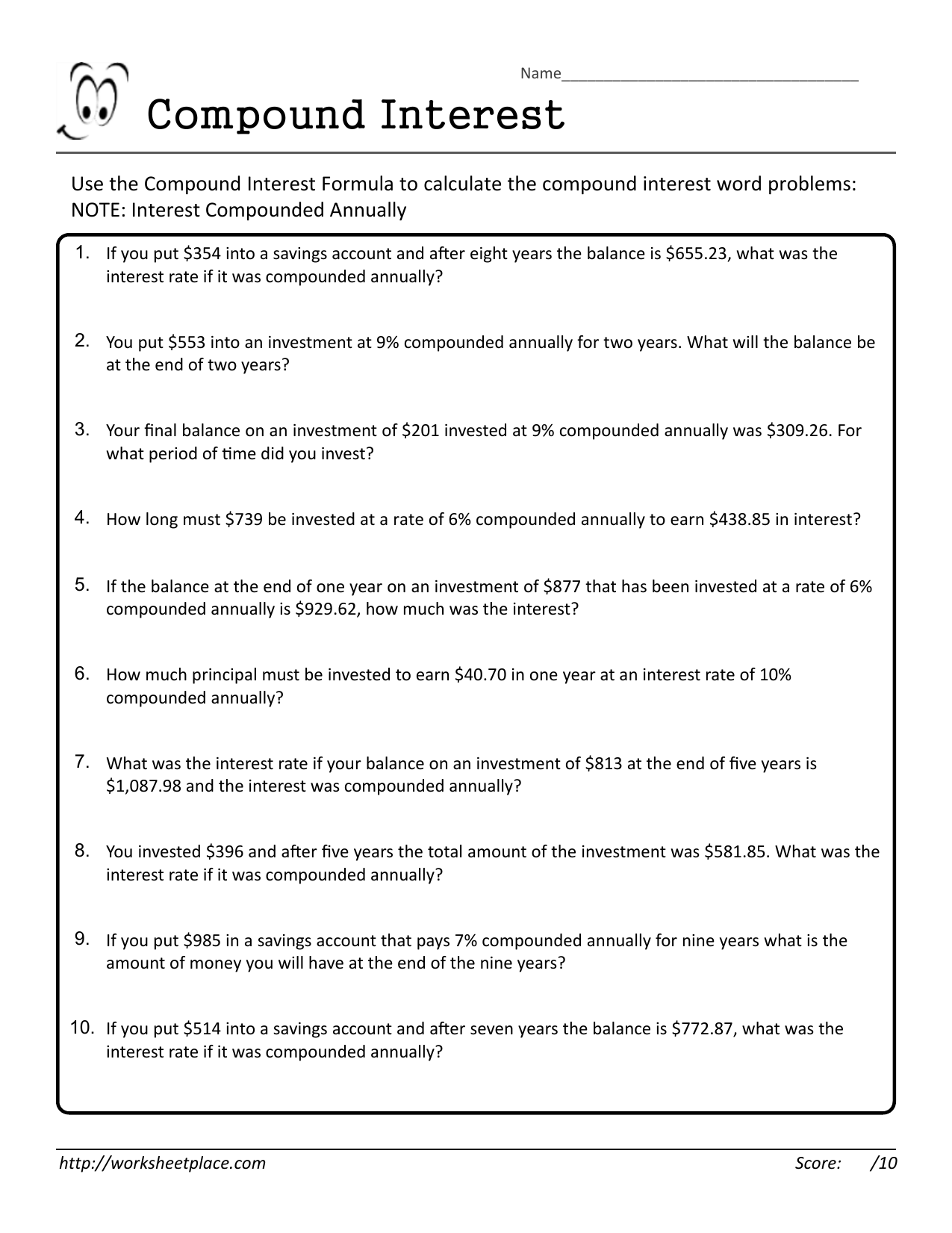 Compound Interest Worksheet Word Problems Compound Interest Worksheet Word Problems