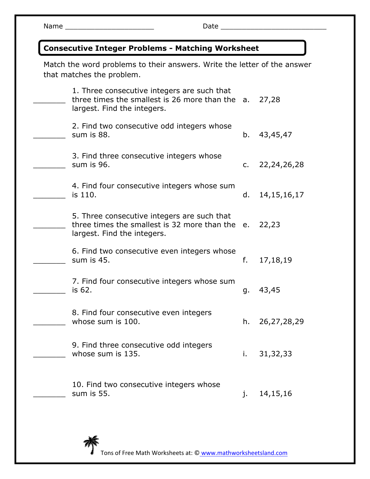 Consecutive Integer Problems Worksheet