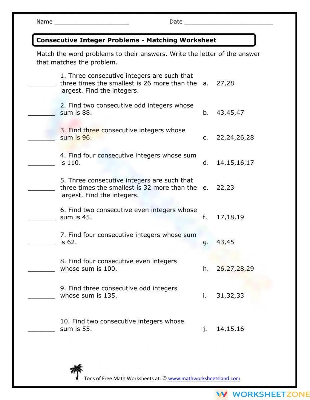 Consecutive Integers Math Tips Worksheet