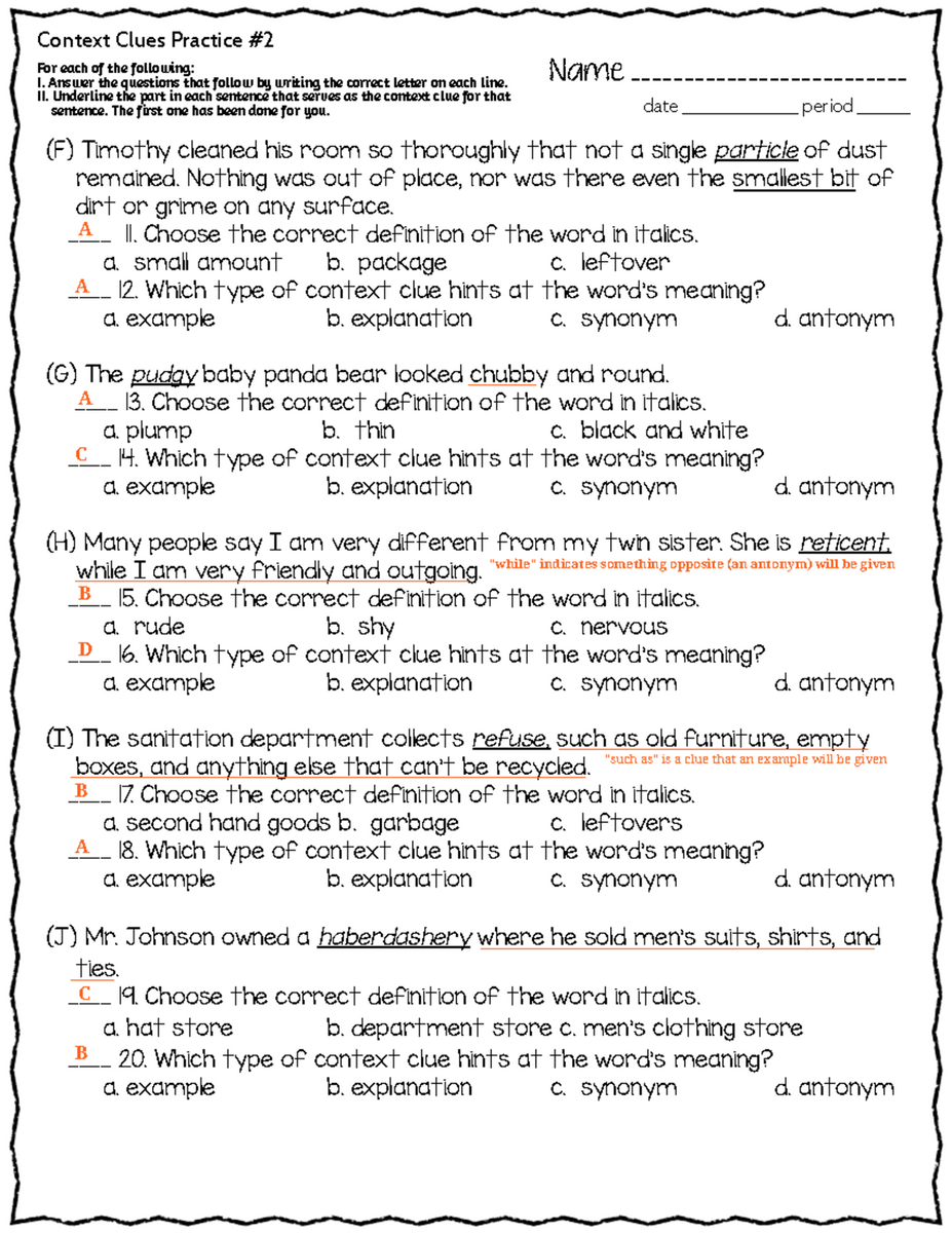 Context Clues Practice 2 Answer Key For Reading Assessment Studocu