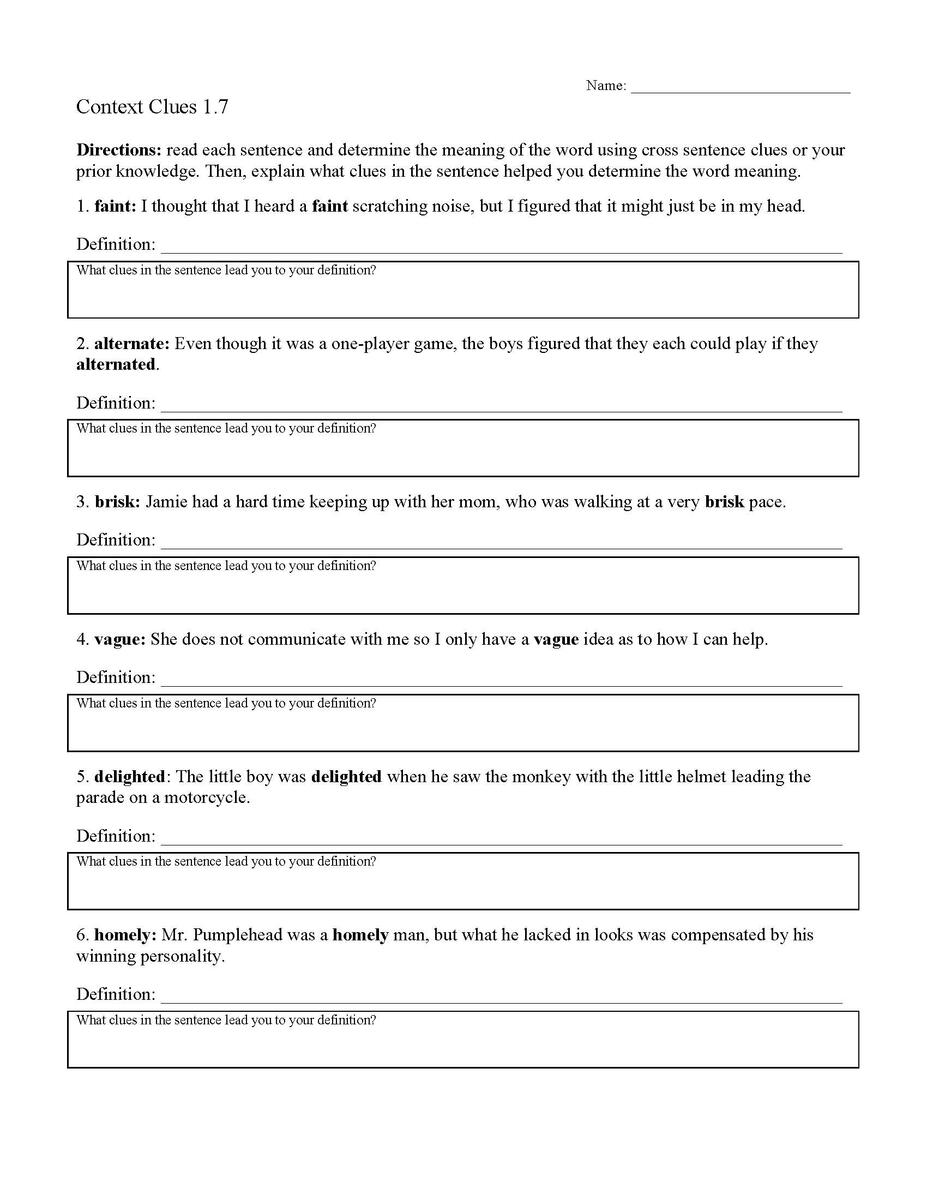 Context Clues Worksheet 1 7 Reading Activity Context Clues Worksheets Printable Vocabulary Inference Activities