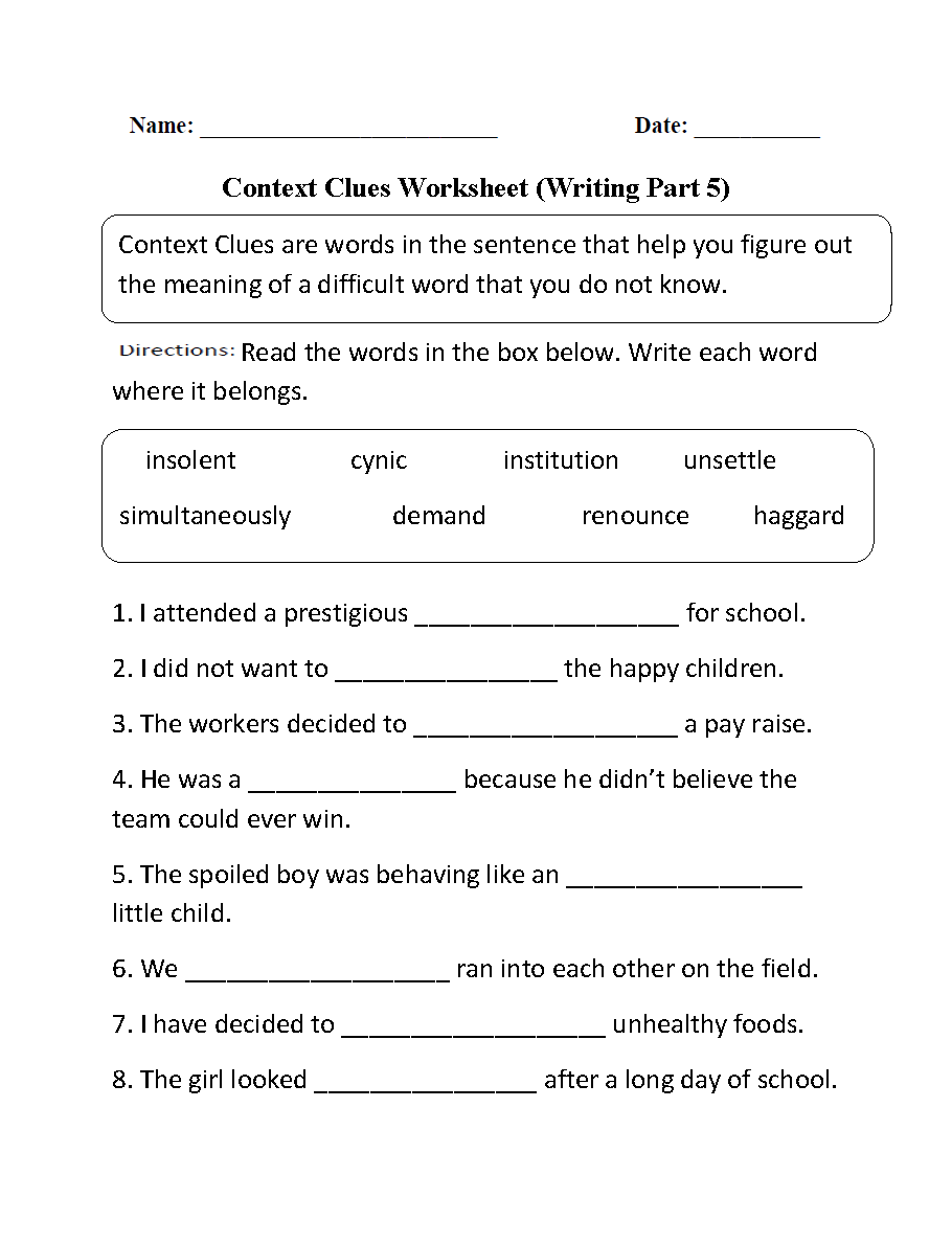 Context Clues Worksheets Printable Vocabulary Inference Activities