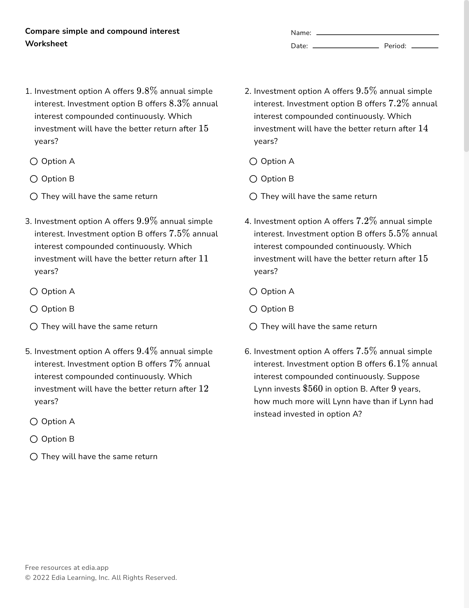 Continuously Compounded Interest Worksheet Continuously Compounded Interest Worksheet