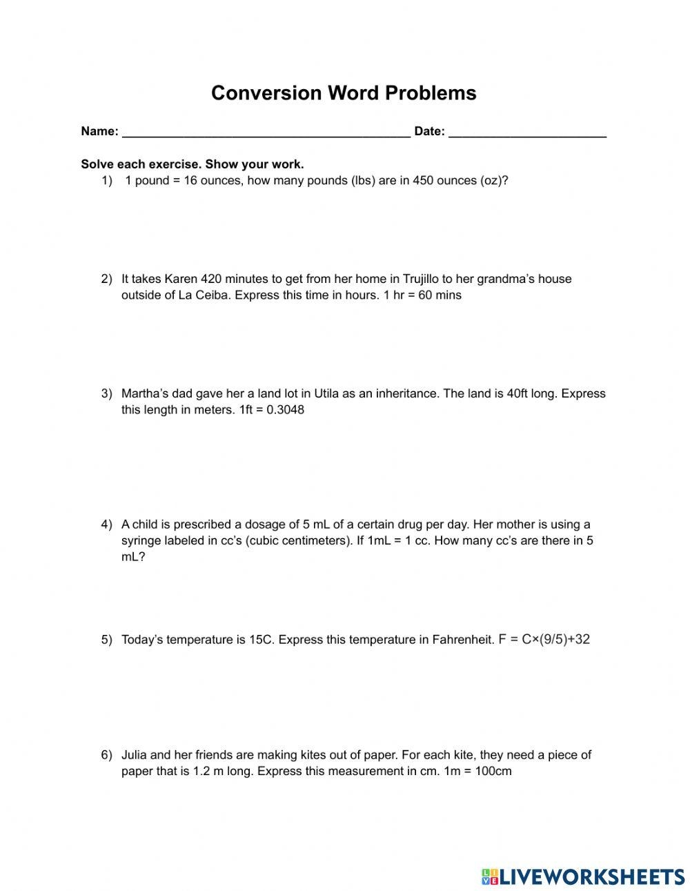 Conversion Word Problems Worksheet Worksheets Library